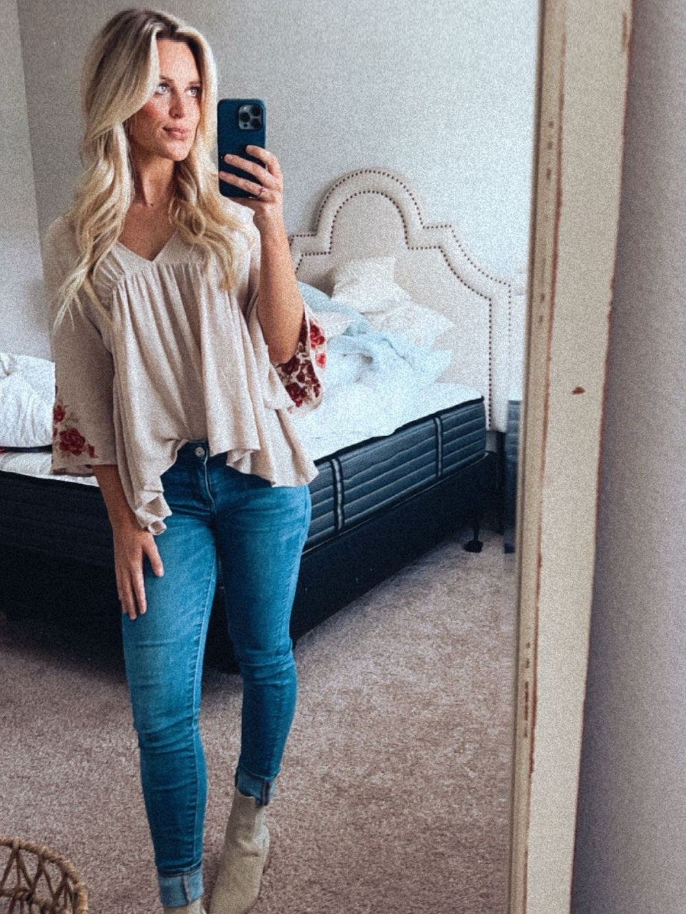 By Together - Boho Cream V-Neck Linen Top with Floral Sleeve Detail